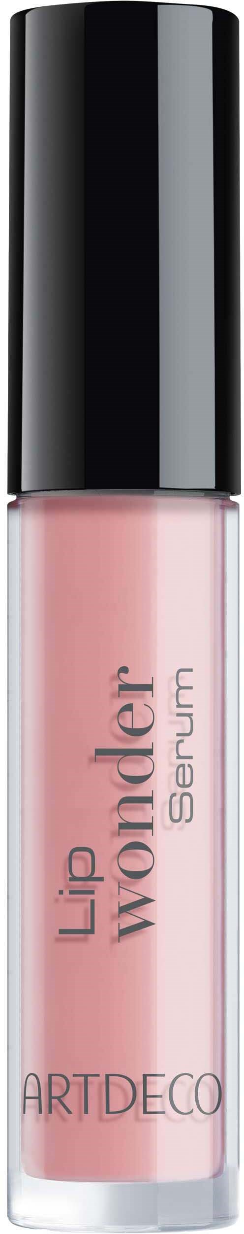 Roze lipgloss in een doorzichtige tube met zwarte deksel, gelabeld 'Lip Wonder Serum' door ARTDECO.