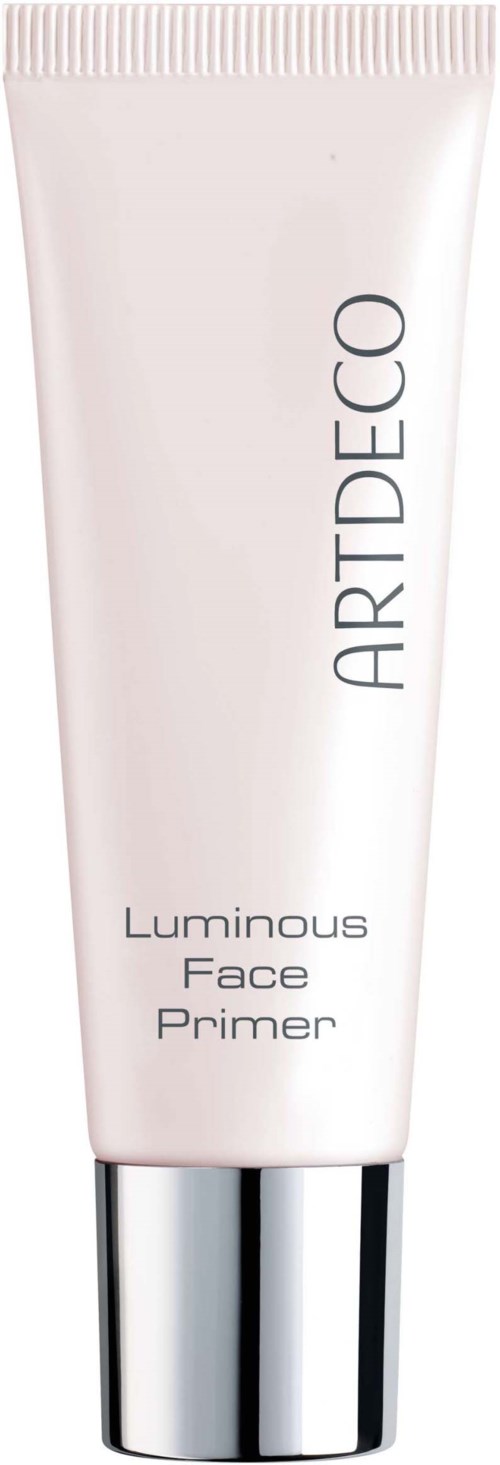 Een witte tube met zilverkleurige dop, gemarkeerd 'ARTDECO Luminous Face Primer' voor huidverzorging. Elegant en eenvoudig ontwerp.