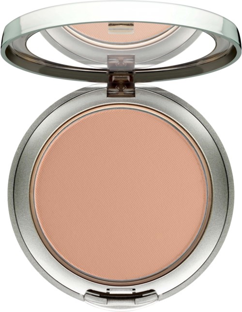 A pressed powder makeup compact with a mirror in a silver case. The powder is light beige. It is open showing the powder and mirror.
