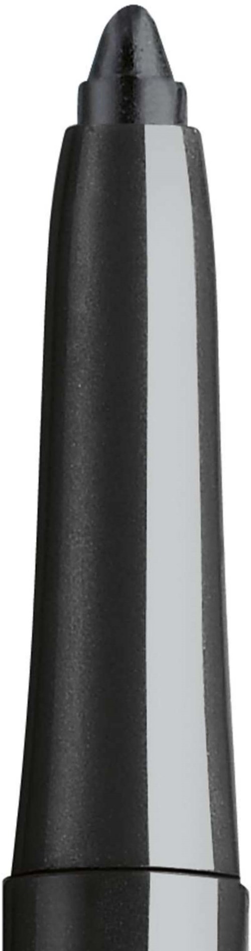 A black and gray highlighter with a rounded tip and a slim body.
