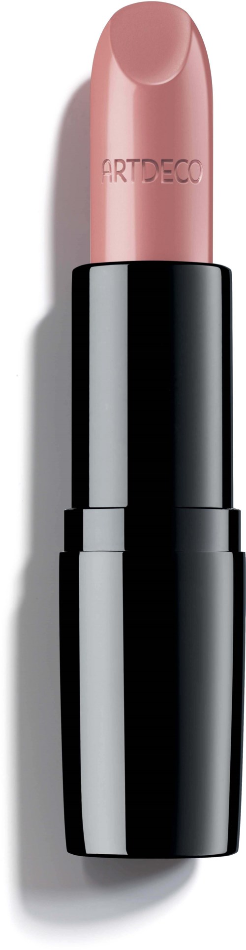Ein pinker Lippenstift mit schwarzem und silbernem Gehäuse steht aufrecht.