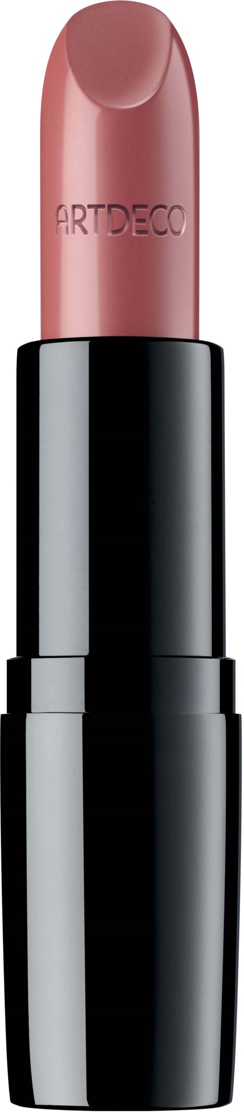 Ein hellrosa Lippenstift in einem schwarzen und silbernen Röhrchen. Der Lippenstift hat die Worte "ARTDECO".