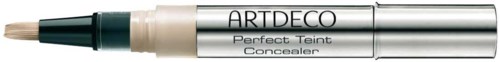 A beige and black concealer pen with a clear label and black tip, laying on a black background.