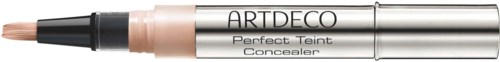 Een beige concealer-markering met een zwarte punt en zilveren lichaam, gemarkeerd 'ARTDECO Perfect Teint Concealer'.