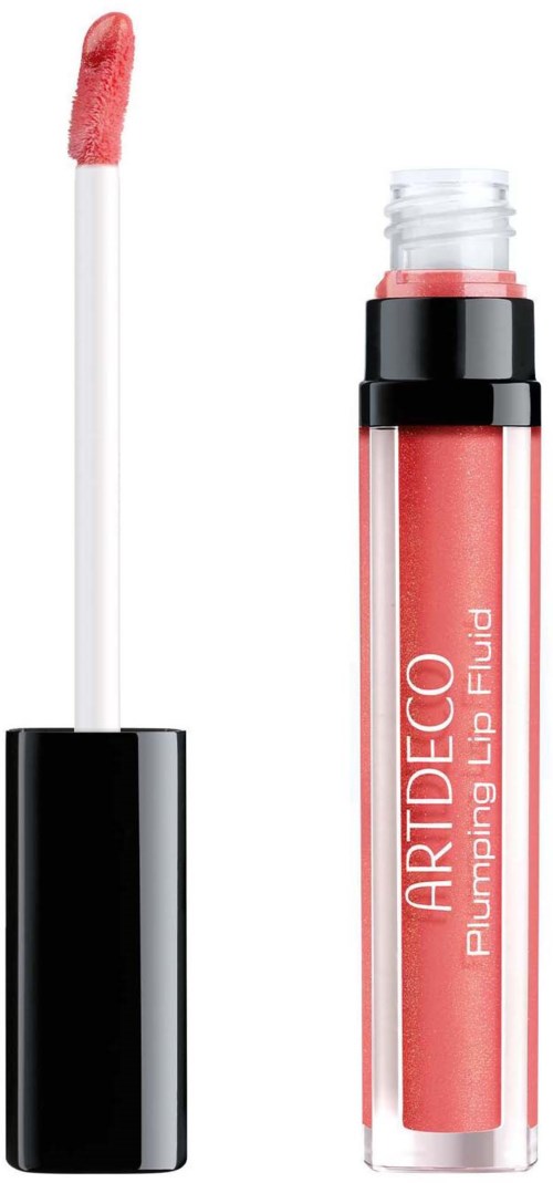 Een lipglosshuls met roze gloss binnenin en een applicator ernaast.