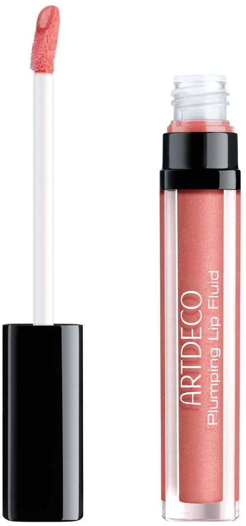 A pink lip gloss tube with a clear body and black cap, showing the applicator stick with gloss.