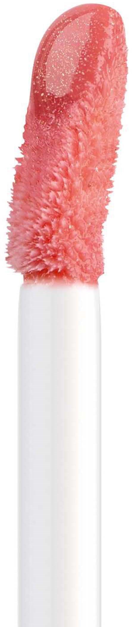 Lip gloss with a soft, pink, shiny, and creamy texture on a white handle.