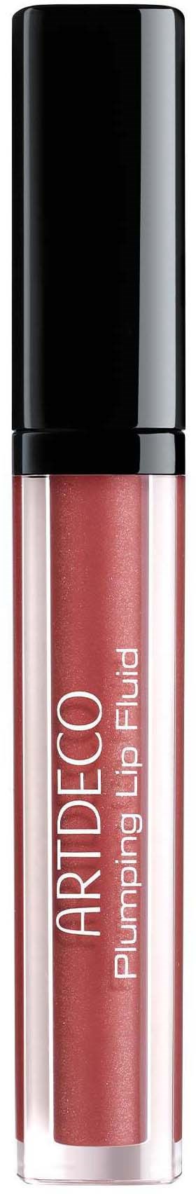 En läppglansrör med svart lock och rosa vätska inuti, märkt "ARTDECO Plumping Lip Fluid."
