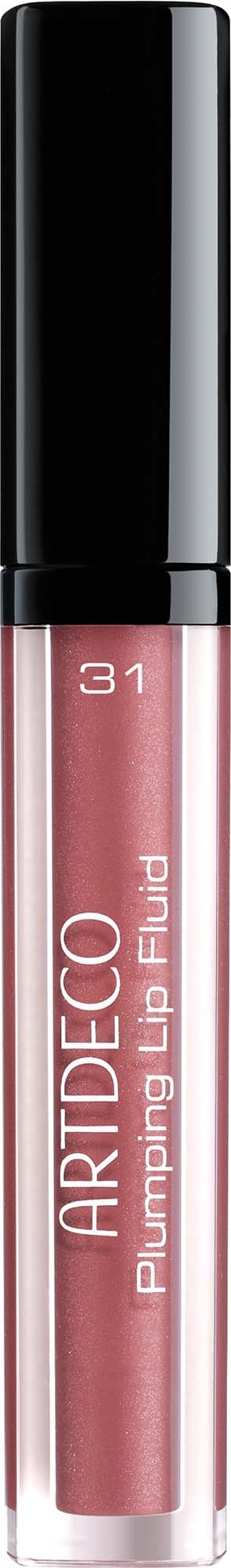 Lip gloss tube with a black cap and a pinkish, shimmery liquid inside.