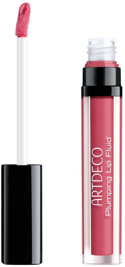 Een roze lipgloss met een kwastapplicator en zwarte dop, met de tekst "ARTDECOR Plumping Lip Fluid."
