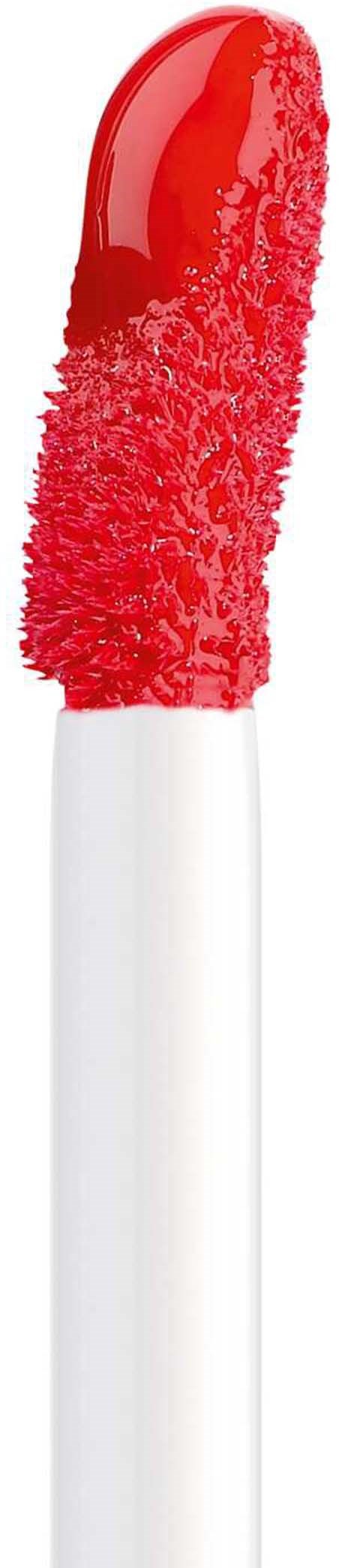 Ett sminkverktyg med röd läppstift och vit handtag, visar läppstiftet och svampänden.