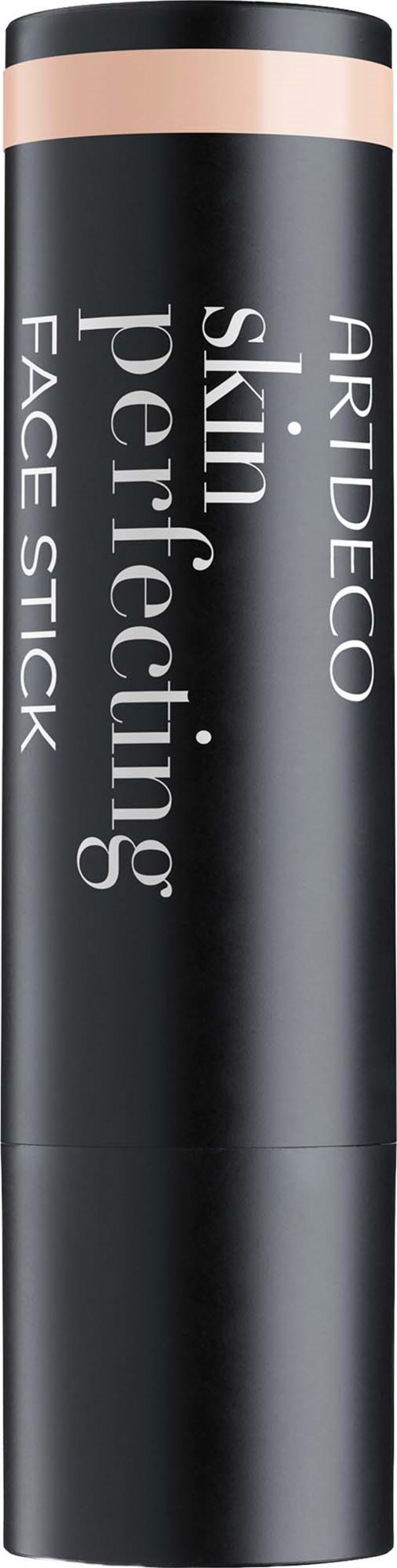 En svart ansiktsstift med en ljusrosa rand nära toppen, märkt Artdeco skin perfecting face stick.