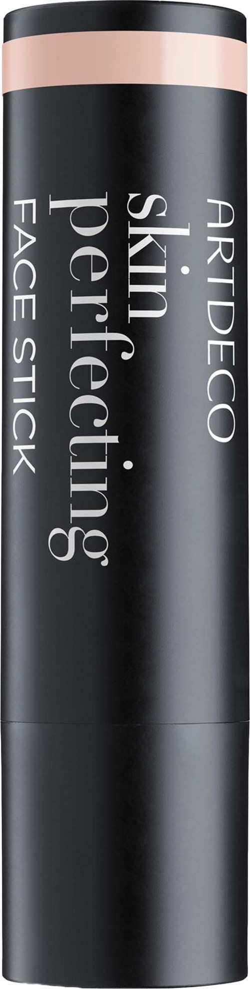 En svart cylindrisk ansiktsstift med en ljus rosa rand högst upp och vit text som säger ARTDECO skin perfecting.