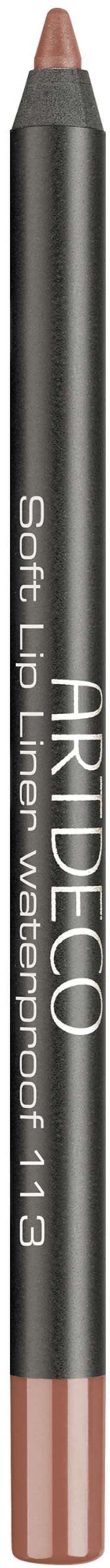 Ein schwarzer Lippenkonturenstift mit Gold- und weißen Text, der Marke und Produktdetails zeigt. Die Spitze ist hellrosa.