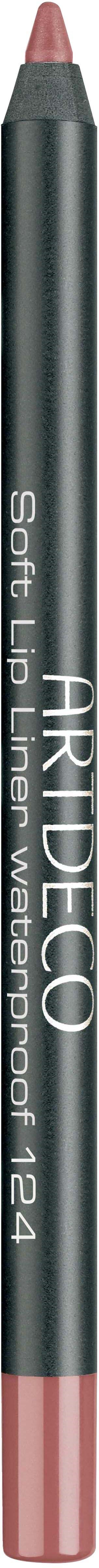 Ein weicher Lippenkonturenstift in Schwarz und Rosa mit weißem Text, steht vertikal.