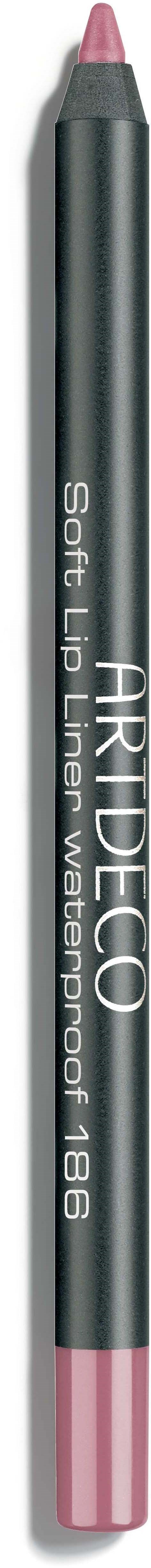 Een roze potlood met een grijze body en roze punt, gelabeld 'ARDECO' en 'Soft Lip Liner'.