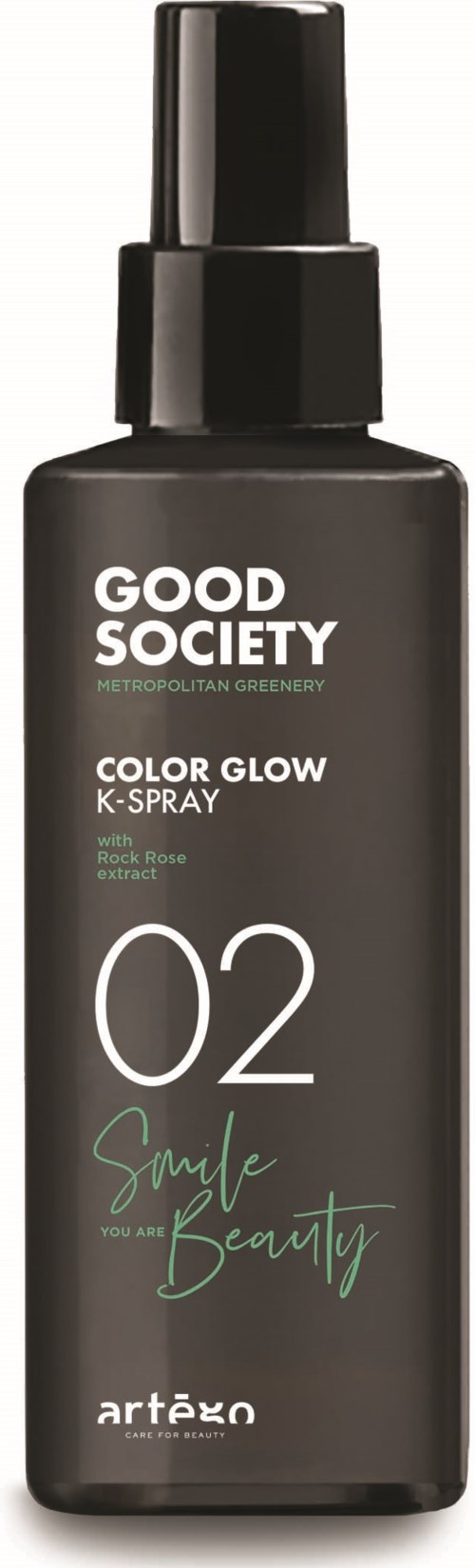 A black spray bottle labeled 'Good Society Color Glow K-Spray' with a cute slogan, numbers, and brand name.