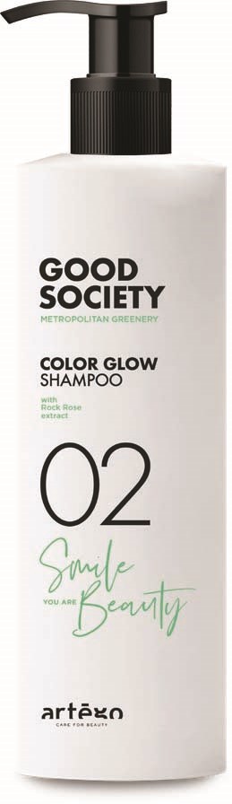 A white shampoo bottle with black pump. Text includes brand name, product name, number 02, and words about beauty.