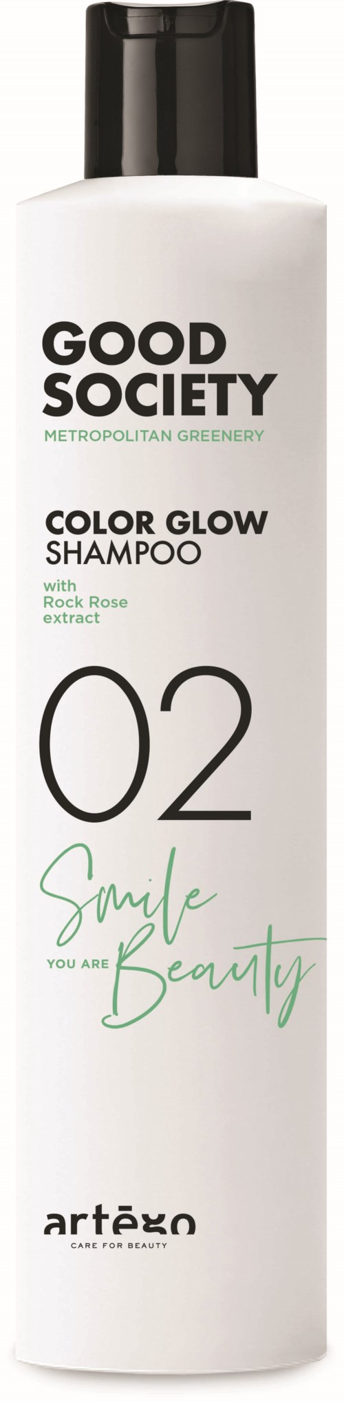 A tall white bottle with black cap, labeled as Good Society shampoo with rose extract and number 02.