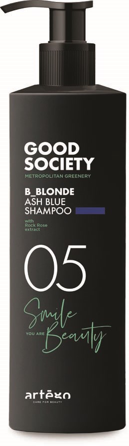 A black shampoo bottle with a pump, labeled 'Good Society B Blonde Ash Blue Shampoo' and 'Smile Beauty' design.