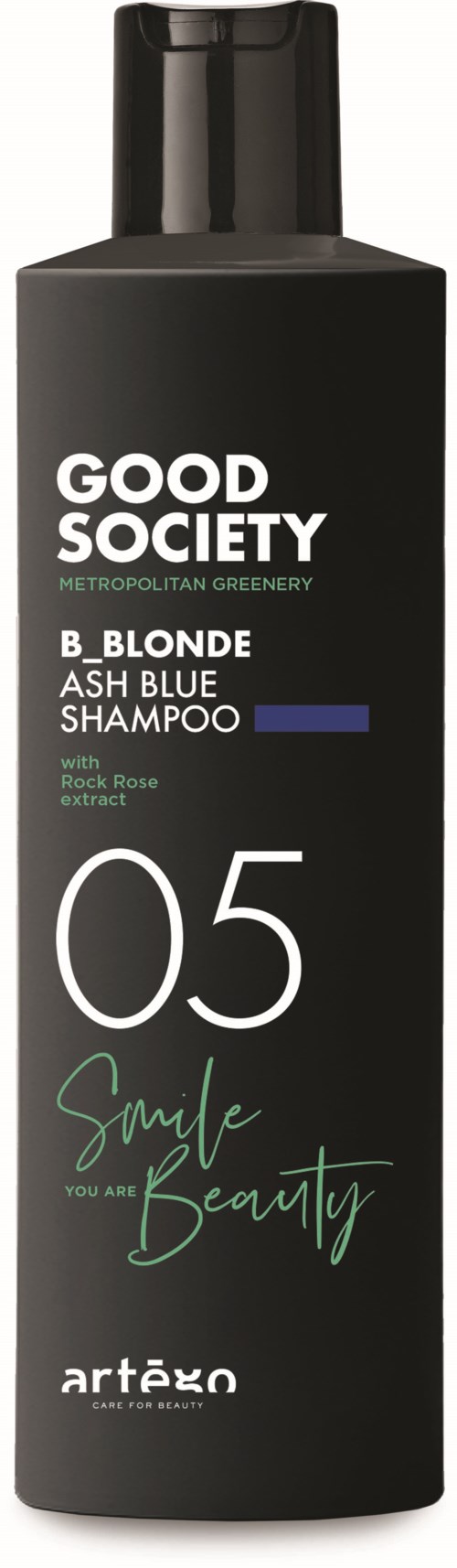 A black shampoo bottle labeled 'Good Society' with green and white text, suggesting it is for blond hair care.