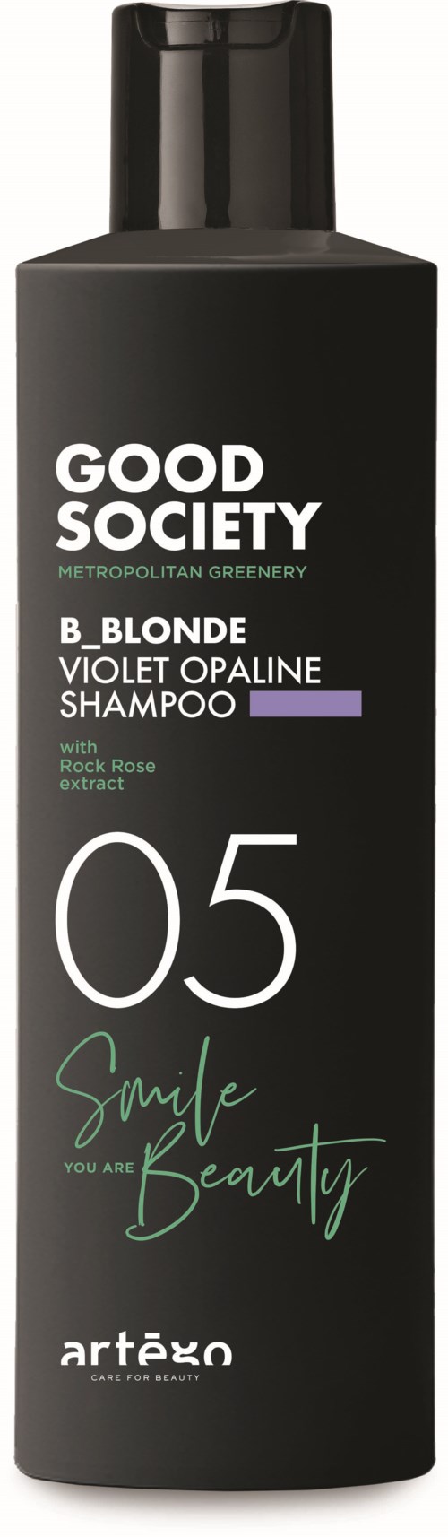A black bottle of shampoo with white, purple, and green text, promoting beauty and smile.