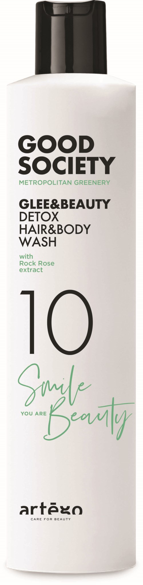 A white bottle labeled 'Good Society Glee & Beauty Detox Hair & Body Wash' with black cap, number 10, and green text.