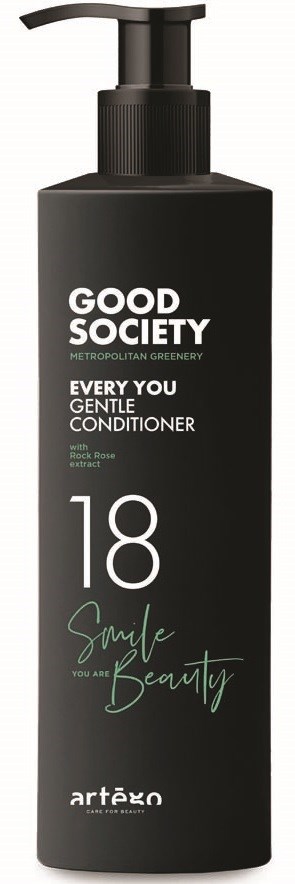 A black bottle with a pump labeled 'Good Society' and 'Every You Gentle Conditioner' for hair care.