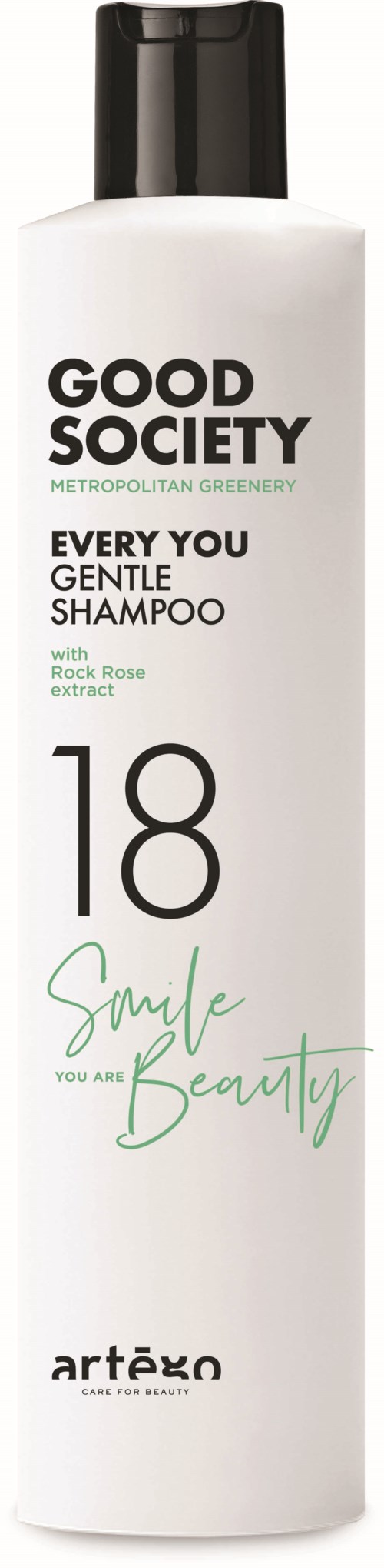 A white bottle of Good Society shampoo with black cap, labeled as gentle with rose extract, numbered 18.