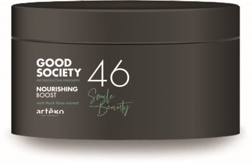 En svart behållare med vit och grön text som marknadsför en hudvårdsprodukt med naturliga ingredienser.