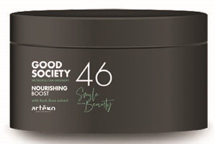 En svart rund behållare med vit och grön text, nämner "Good Society" och "46 Simple Beauty."