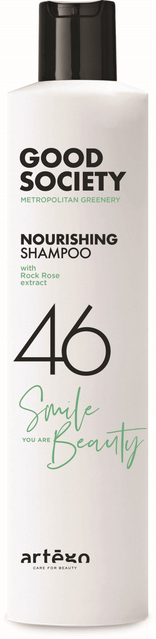 En vit flaska schampo märkt 'Good Society, Nourishing Shampoo, med ros-extrakt, för skönhet.'