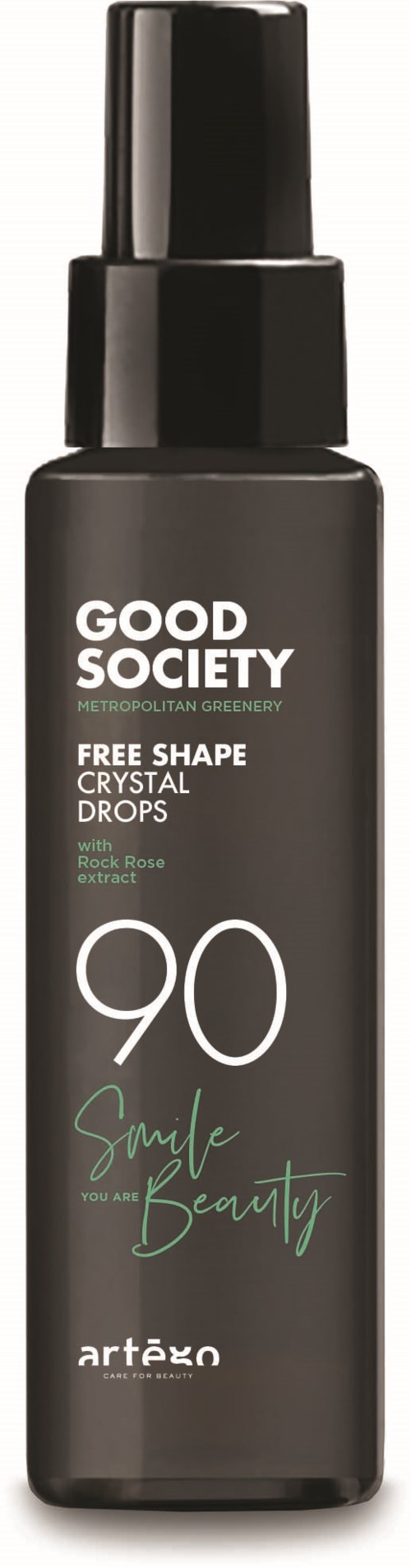 En svart sprayflaska med vit och grön text, märkt 'Good Society', 'Free Shape Crystal Drops' och 'Smale Beauty'.