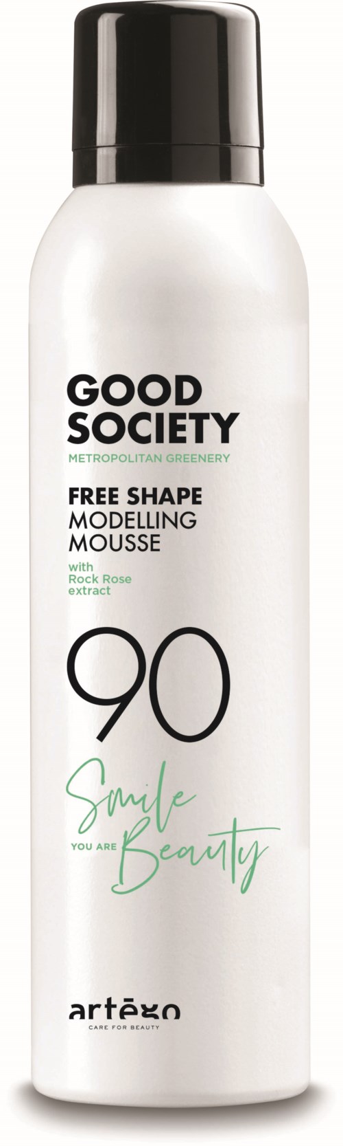 En vit sprayflaska med svart lock, märkt som Good Society formningsmousse med mintdoft och ett löfte om 90 dagars leende.
