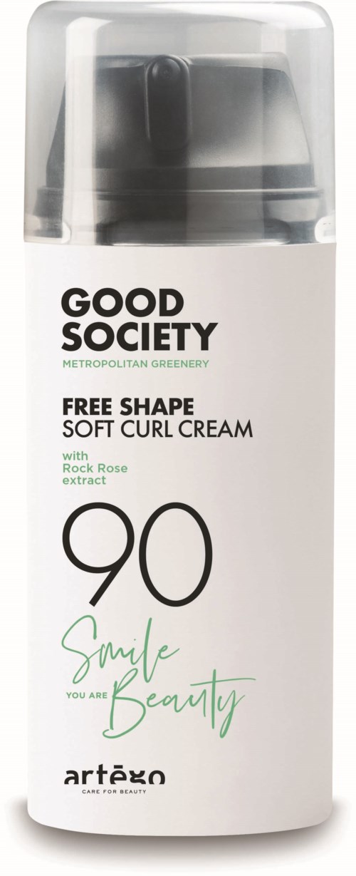 A white bottle with a black pump, labeled as skin cream for curly hair with rose extract, promoting a smile and beauty.