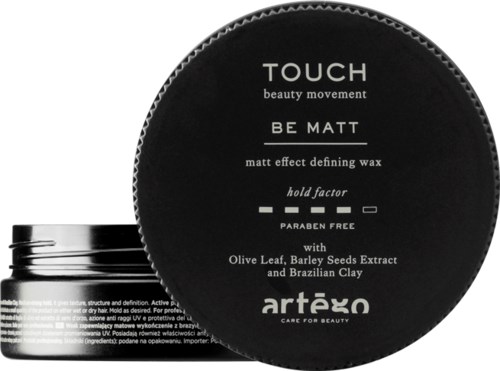 Black round container with white text about a matte effect defining wax named BE MATT containing natural ingredients.