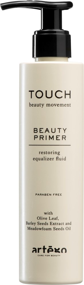 A white bottle with a black pump labeled 'TOUCH' and 'BEAUTY PRIMER' for restoring skin, contains natural ingredients.