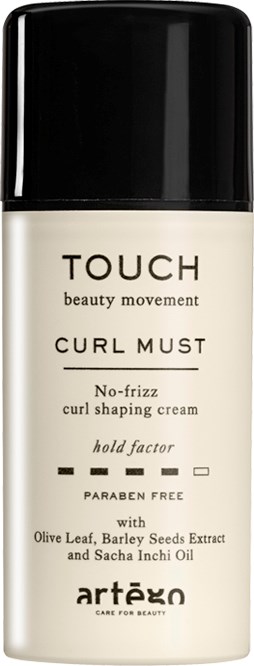 A white bottle with a black cap labeled 'Touch Curl Must', a curl shaping cream with natural ingredients.