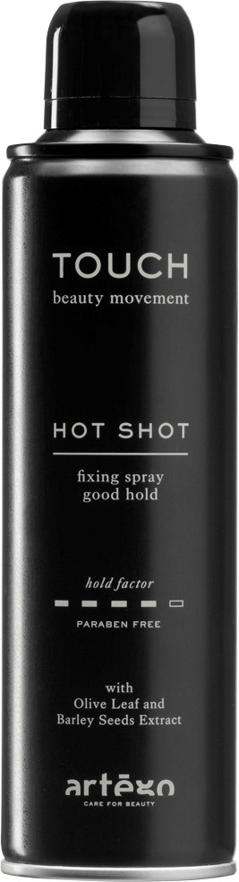 A black spray can labeled 'TOUCH' with words about fixing hair, containing ingredients like olive leaf and barley seeds.