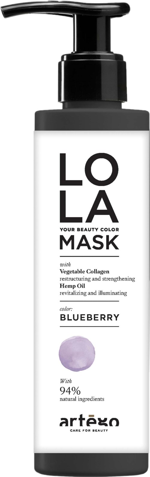 A white and black bottle with a pump, labeled 'LOLA MASK Blueberry,' contains a hair or skin product.