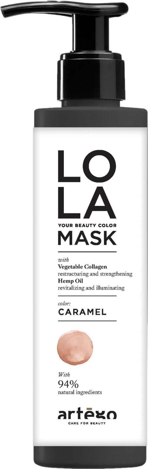 A white bottle with a black pump labeled 'LOLA MASK' contains skincare product with caramel color and hemp oil.