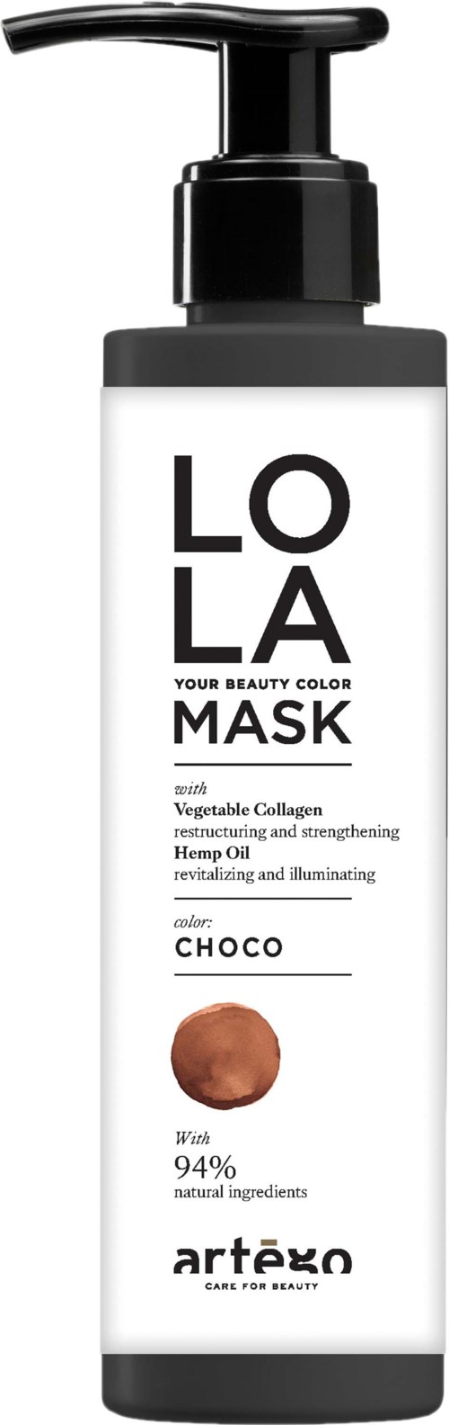 A bottle of LOLA mask with a pump, containing ingredients like vegetable collagen and hemp oil, in black and white.