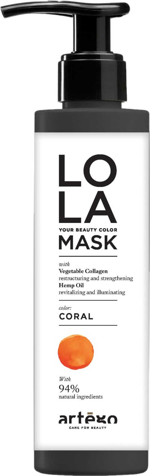 A white bottle with a black pump labeled LOLA MASK for skincare, containing vegetable collagen and hemp oil with coral scent.