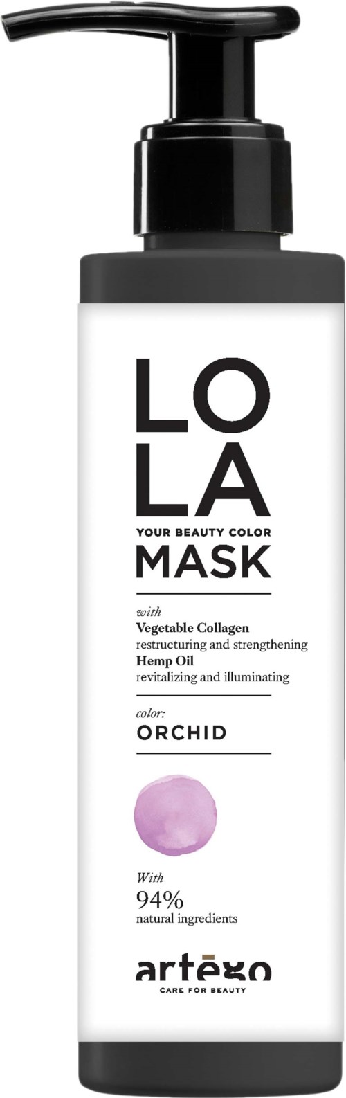 A white bottle with a black pump labeled 'LOLA MASK' for a skincare product with orchid scent.