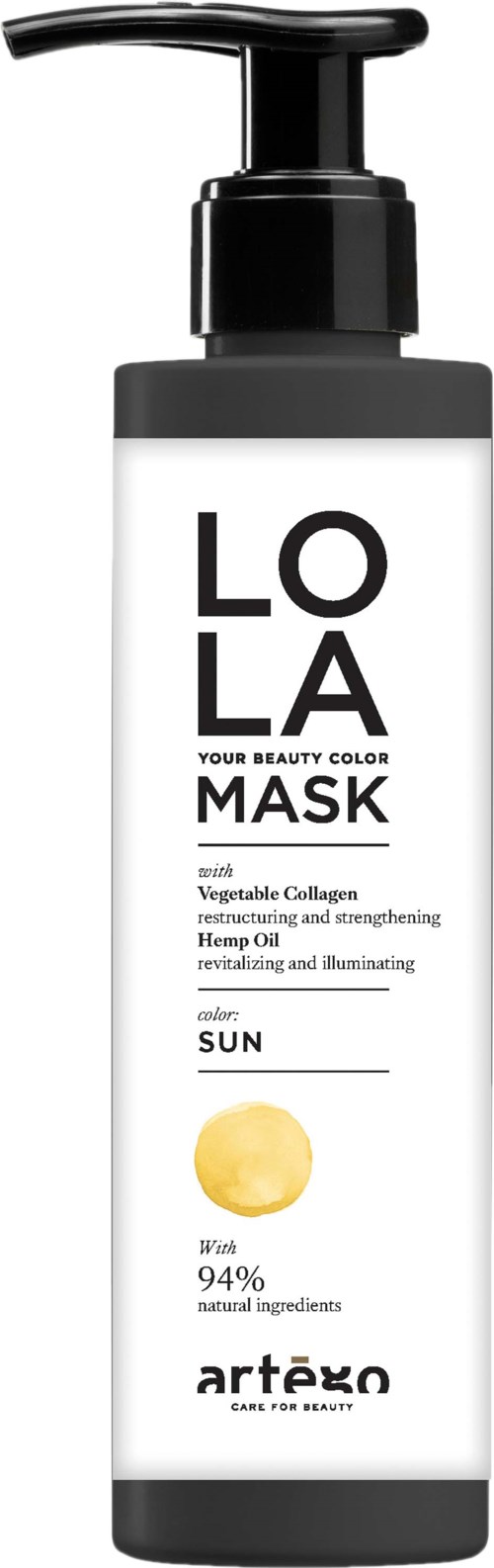 A bottle of LOLOLA face mask with a pump, label details, and ingredients shown.