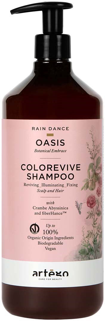 A brown bottle with a pump contains Oasis ColorRevive shampoo with botanical ingredients, designed to revitalize hair.