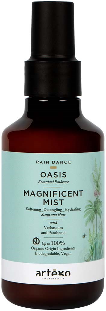 En brun flaska med svart sprayhatt och ljusgrön etikett för hårmistprodukt kallad Oasis Magnificent Mist.