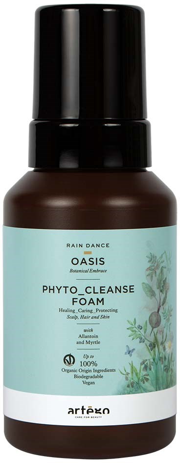 A brown bottle with a black cap, labeled Phyto Cleanse Foam for healing and protecting skin with natural ingredients.