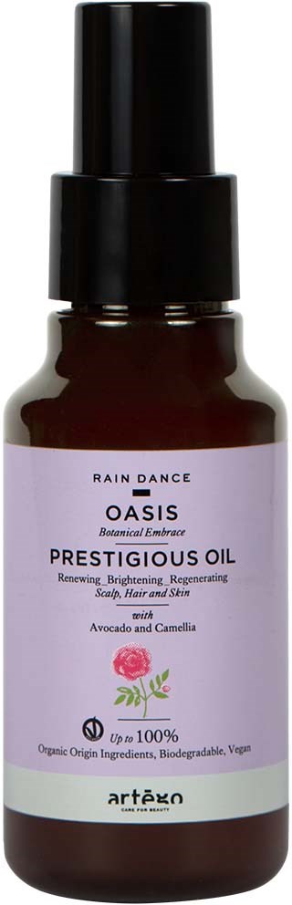 En brun flaska med en svart spraytop, märkt Oasis Prestige Oil med naturliga ingredienser som avokado och kamelia.