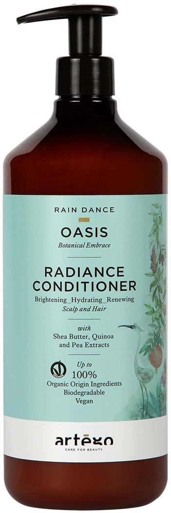 A brown bottle with a pump contains a hair and scalp conditioner named Radiance Conditioner with natural ingredients.